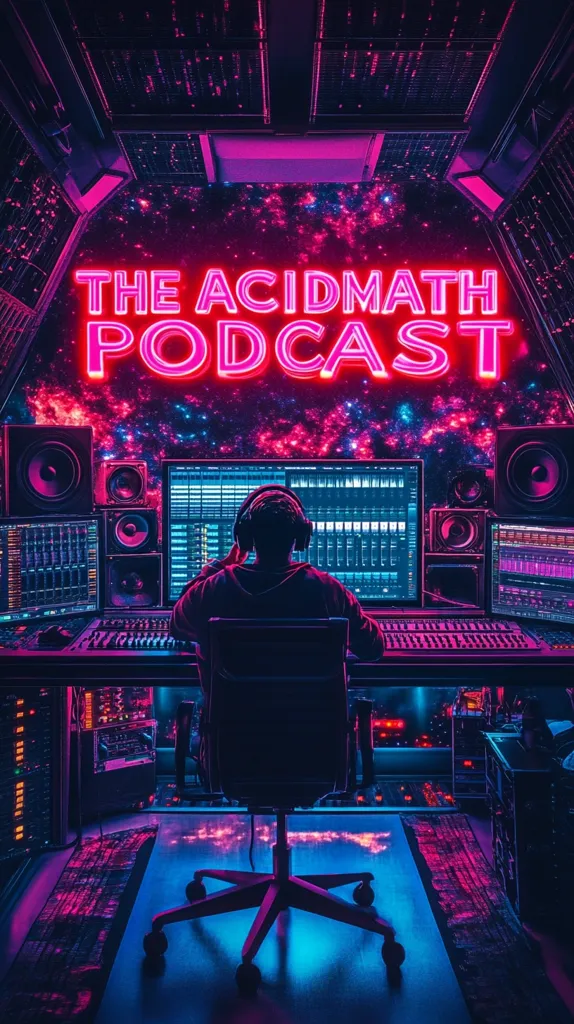 The image depicts a neon-lit recording studio with a person sitting in a black chair in front of a computer monitor. The room is decorated with large speakers and mixing equipment, with a bright pink "The Acidmath Podcast" sign in the background. The room is bathed in a pink and blue glow, creating a vibrant and futuristic aesthetic. The image conveys the energy and excitement of a podcast studio.
