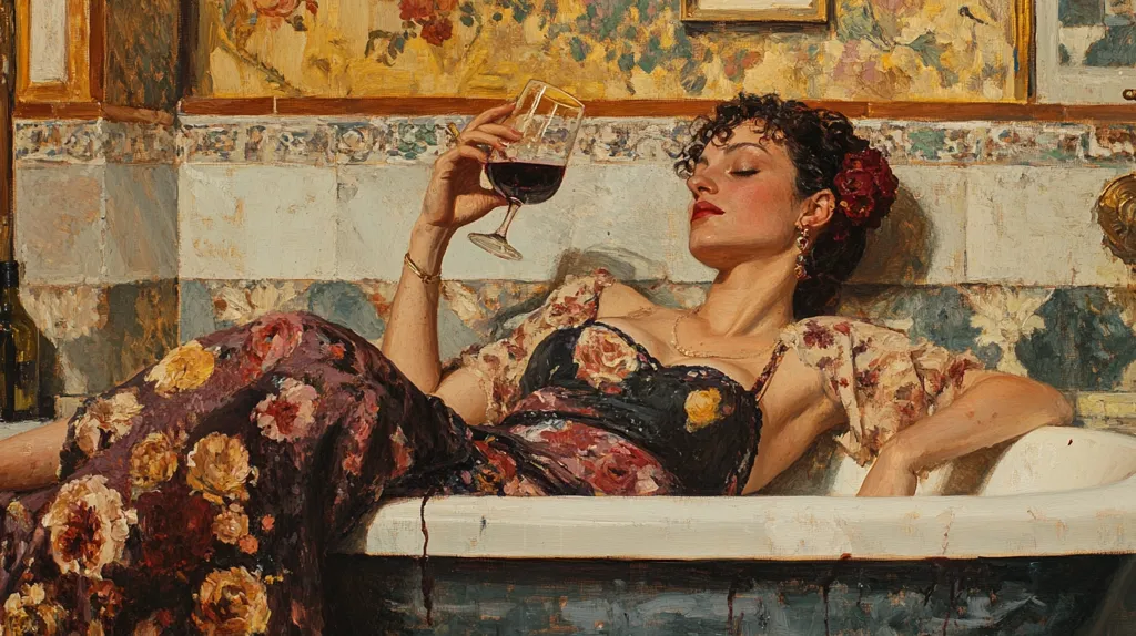A woman wearing a floral dress and jewelry reclines in a bathtub, her eyes closed. Her hand delicately holds a glass of red wine,  and her expression is serene.  The background is a vibrant and detailed depiction of a bathroom, showcasing ornate tiles and floral wallpaper. The scene suggests a moment of relaxation and indulgence.