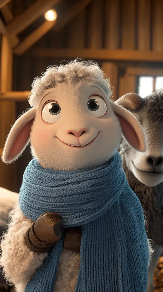 A fluffy white sheep with big blue eyes and a warm, inviting smile is wearing a long blue knitted scarf. The sheep is standing in a barn, looking up with an expression of contentment. The background is blurred, focusing attention on the sheep. The image evokes feelings of warmth, comfort, and innocence.