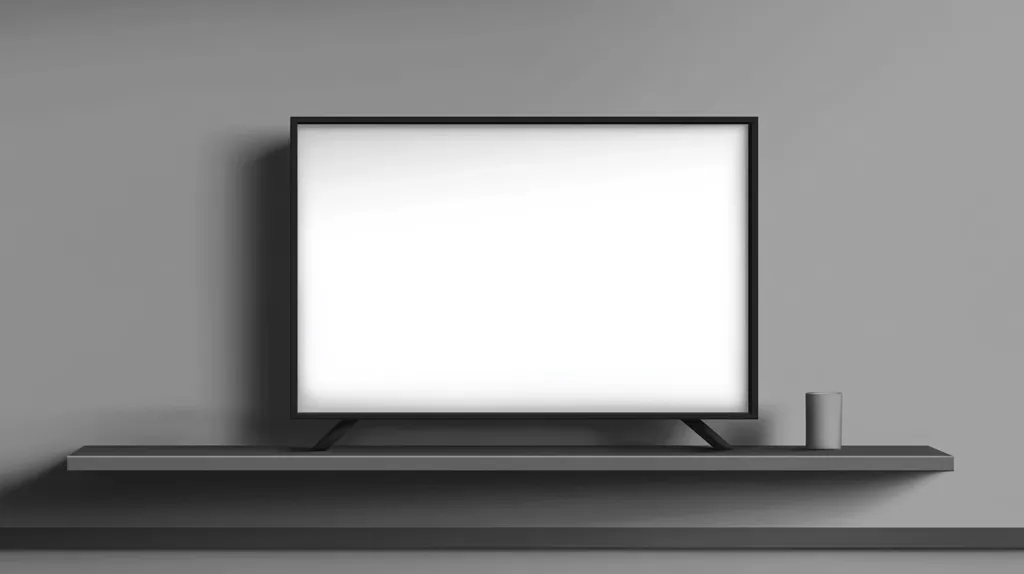 A black flat screen television sits on a grey shelf against a grey wall. The television is off, with a blank white screen. There is a cylindrical grey object, likely a speaker, sitting on the shelf to the right of the television.  The image has a minimalist aesthetic.