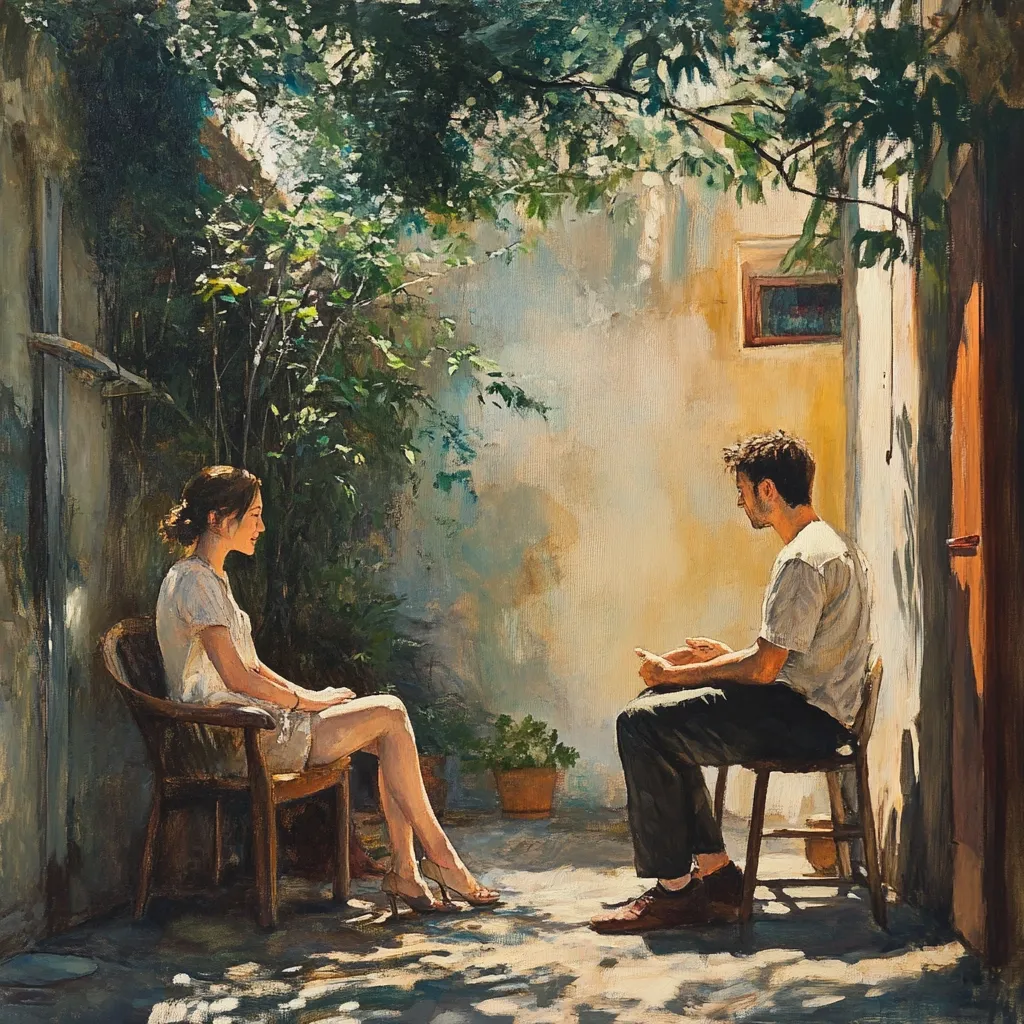 A man and a woman sit facing each other on chairs in a sunlit courtyard. The woman wears a white dress and the man is wearing a white t-shirt and dark pants. Lush foliage frames the scene, casting shadows across the walls and floor.  They appear to be in conversation, creating an intimate and contemplative mood.