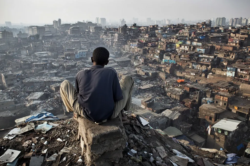 A young man sits on a small concrete structure overlooking a sprawling, densely populated urban slum. The buildings are packed close together, with narrow alleys and streets. The scene is filled with a sense of poverty and hardship, with visible debris and rubbish scattered throughout. The man's posture suggests a mixture of resignation and contemplation. The image captures a glimpse into the realities of life in an impoverished area, highlighting the stark contrast between the man's isolation and the overwhelming presence of humanity surrounding him.