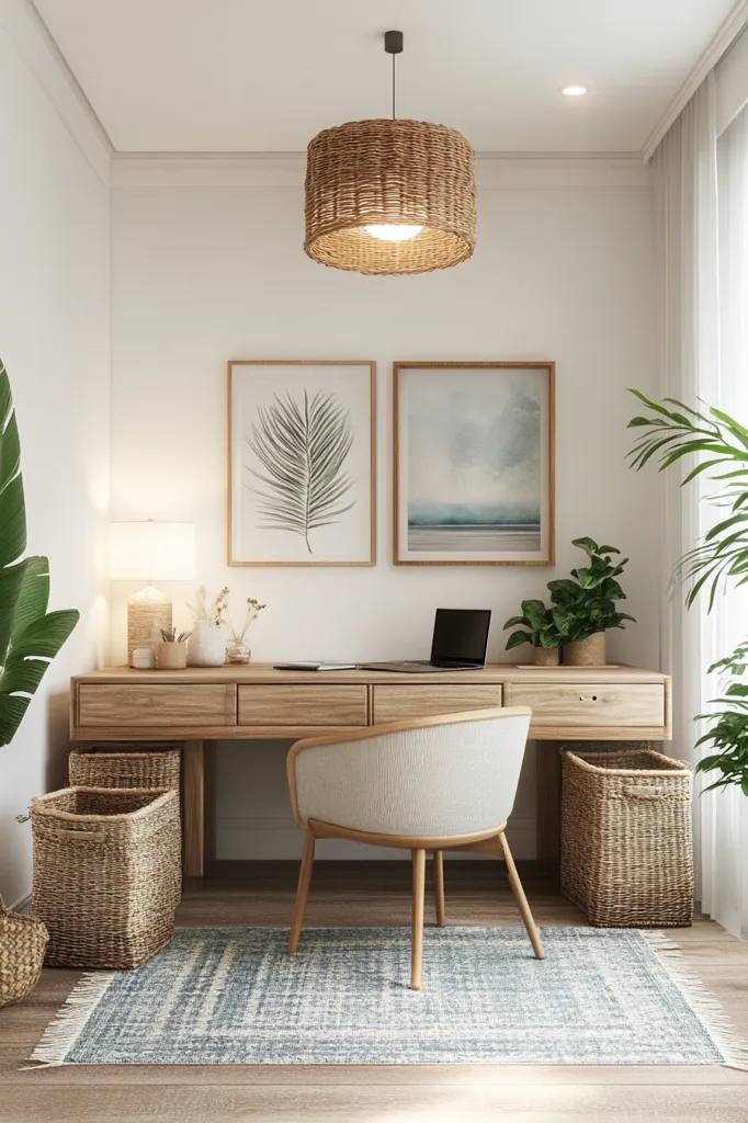 A minimalist home office with a light wood desk and chair, wicker baskets, and a woven pendant lamp. Two framed prints hang on the wall above the desk. A blue patterned rug sits on the wooden floor, and a potted plant is in the corner. The space is bright and airy, with a calming and inviting atmosphere.