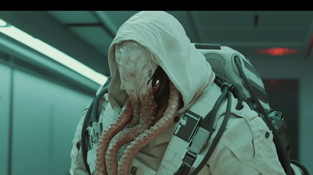 A humanoid figure in a white suit and a hooded cloak stands in a sterile, futuristic hallway. Its head is obscured by the hood, but its face appears to be covered in a fleshy, tentacled mass. The creature's body is obscured by the suit, but its white surface is covered in black cords and wires. The hallway is brightly lit, casting a stark, cold light on the figure. The image has an unsettling and otherworldly feel.