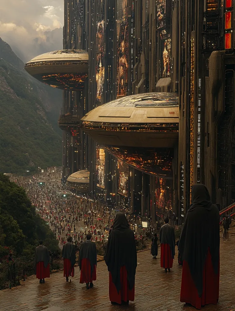 The image depicts a futuristic cityscape with a large, metallic building that appears to be a space station. The building is adorned with numerous screens and windows, showcasing various scenes and images.  In the foreground, a group of people dressed in dark robes with red underskirts walk towards the camera.  The scene suggests a society that combines advanced technology with a sense of mystery and intrigue.