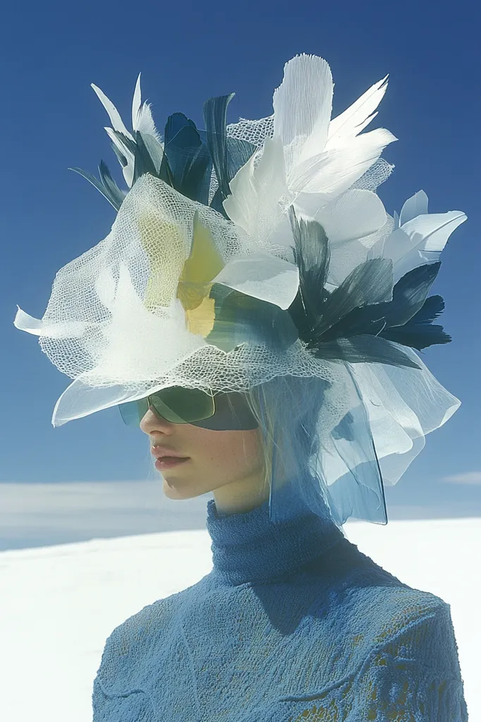 A woman in a blue turtleneck sweater and a large, intricate headpiece made of white and blue feathers and netting stands in a vast, white landscape. The headpiece obscures her face except for her eyes, which are visible through clear sunglasses. The sky is a bright blue, and the background is a soft white.  The image has a futuristic, ethereal quality, and the woman appears to be posing for a fashion photograph.