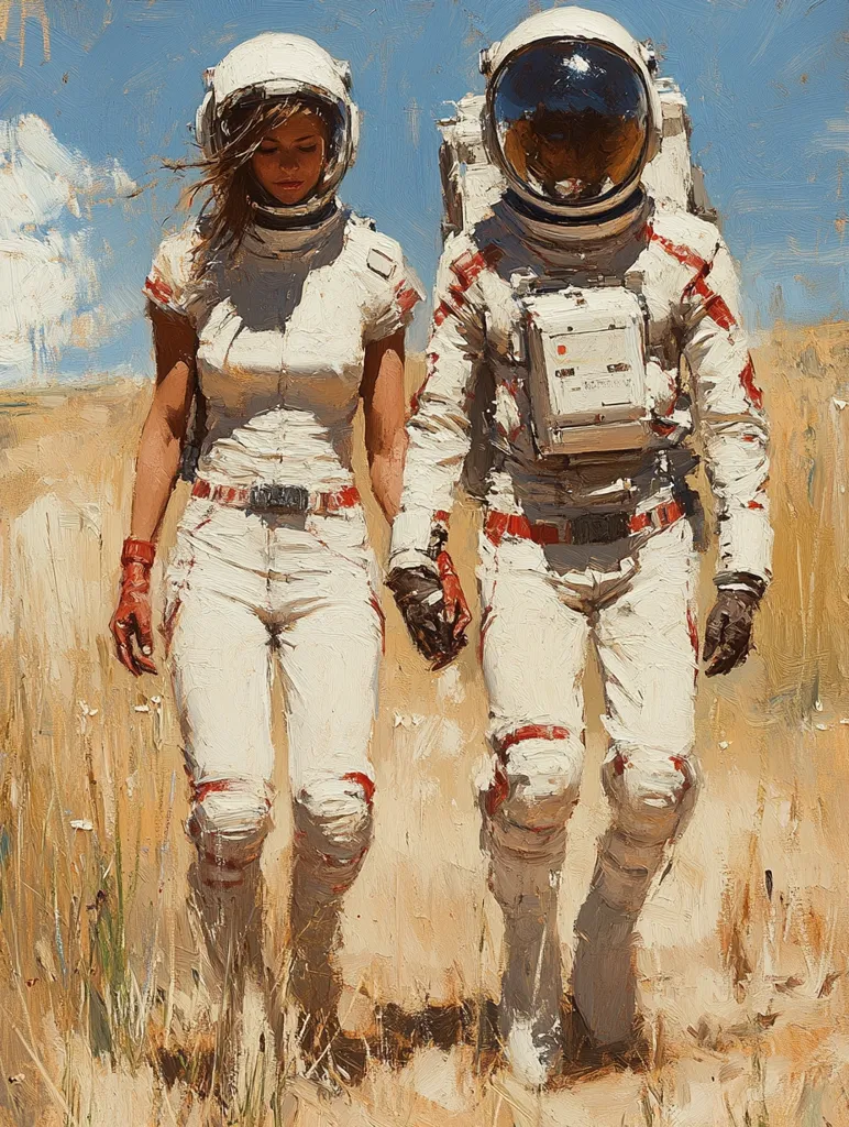 Two astronauts, a man and a woman, are walking across a dry, grassy field.  The woman is on the left, with her hair blowing in the wind, and the man is on the right.  They are both wearing white space suits with red accents, and they are holding hands. The sky is a bright blue, with some white clouds in the background.  The painting is done in a realistic style, with a focus on the details of the astronauts' clothing and the texture of the grass.