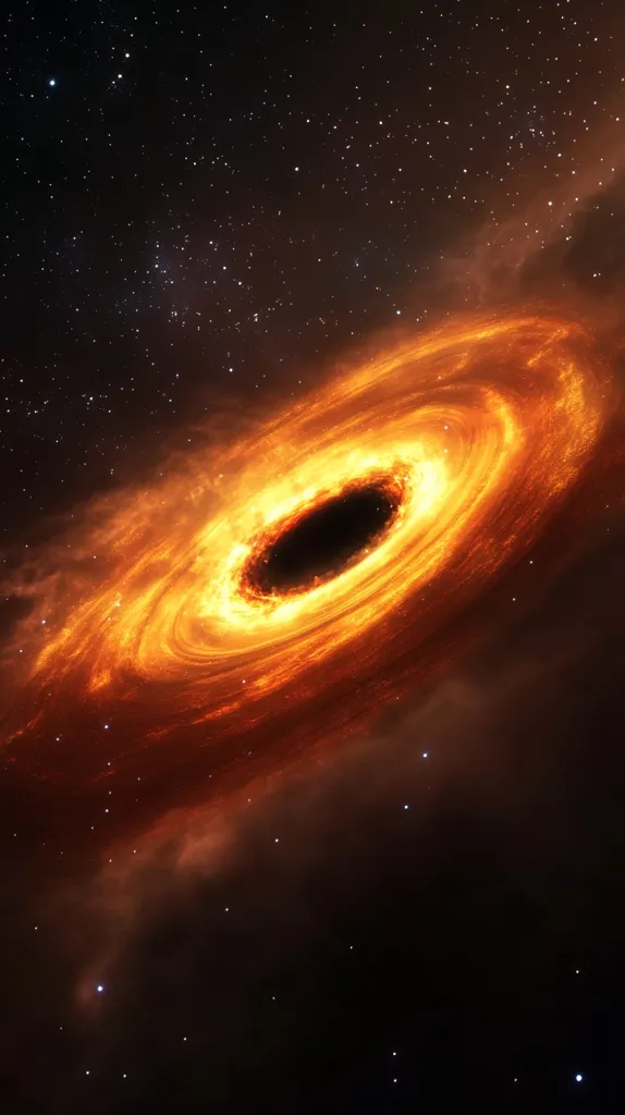 A black hole in space, with an accretion disk of glowing gas, illuminated by the gravity of the black hole. The glowing disk is surrounded by a dark, starry background. The image suggests the immense power and mystery of these celestial objects.