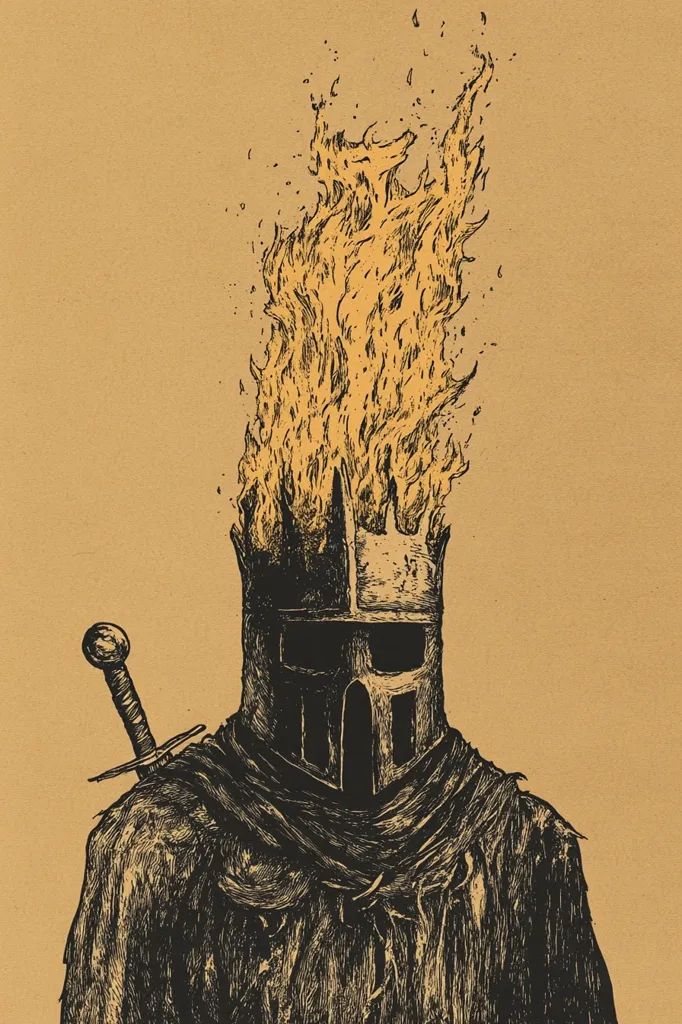 A black and white line drawing on a brown background depicts a knight wearing a helmet with a large flame rising above his head. The knight is wearing a cloak and holding a sword in his right hand. The knight is facing the viewer and the fire is rising up above him. The image suggests a sense of power and danger.