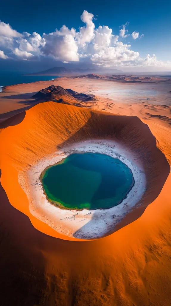 An aerial view of a desert landscape with a deep crater filled with a sparkling blue lake. The crater is surrounded by bright orange sand dunes and a white rim, with the sky above filled with fluffy white clouds against a vibrant blue canvas. The distant horizon features a rugged mountain range.  The image captures the stark beauty and dramatic contrast of the desert environment.