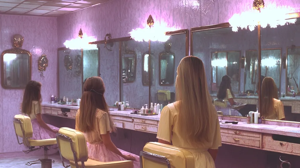 Three young women with long blonde hair sit in a hair salon. They are facing mirrors, getting ready for a special event. The salon has purple walls, a large vanity with gold trimmings, and ornate mirrors. The atmosphere is glamorous and reminiscent of a bygone era. The image captures a moment of anticipation and transformation.