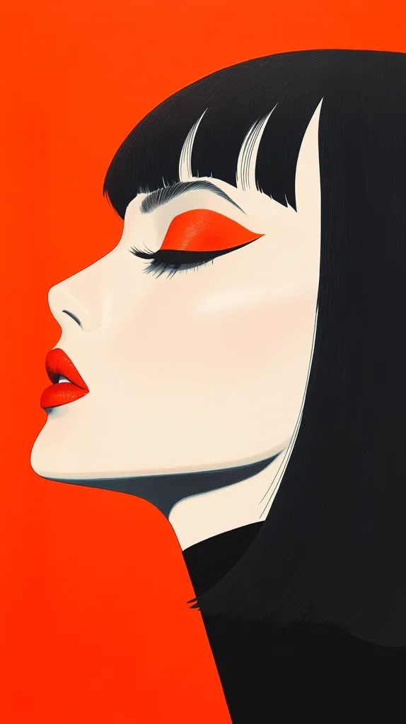 The image depicts a woman with black hair in a blunt bob style, parted on the side.  She is facing to the left with her eyes closed, her face turned slightly upward. She is wearing bold red lipstick and orange eyeshadow. The background is a bright orange. The image is stylized with clean lines and a graphic aesthetic.