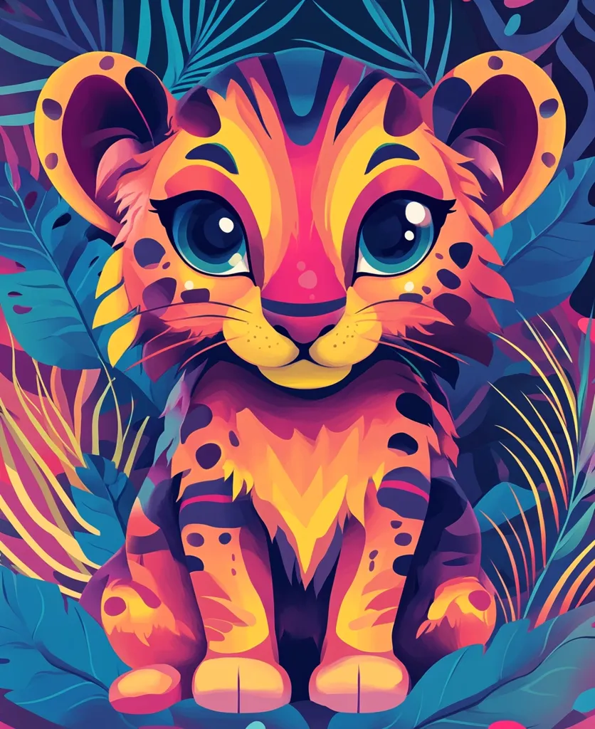 A stylized, cartoon-like tiger cub sits in a jungle setting. The tiger cub is brightly colored with orange, yellow, and pink fur, with large, blue eyes. The background features vibrant, colorful leaves and foliage. The image uses a bold, graphic style.