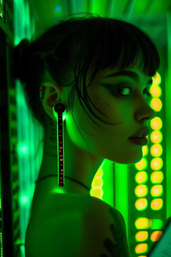 A woman with dark hair and heavy eye makeup stares off to the side. She is wearing a black earring with a red digital display. She is illuminated by green and yellow lights, giving the image a futuristic and slightly eerie feel.  The background is a blurred array of neon lights.