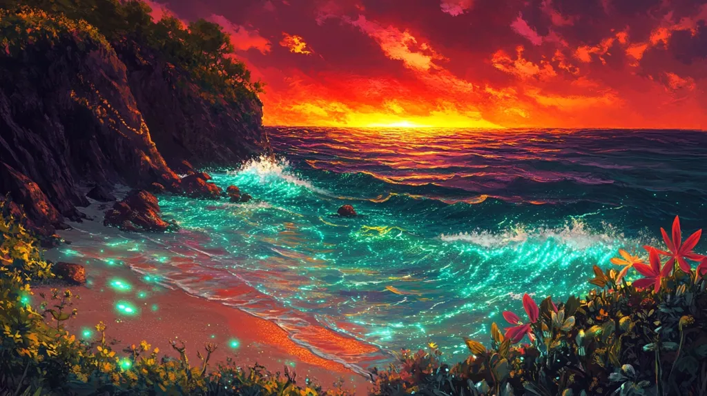 The image depicts a picturesque sunset over a tranquil ocean. The sky blazes with vibrant hues of orange and red, casting a warm glow over the water.  The shoreline is adorned with lush greenery, and the waves gently lap against the sandy beach, sparkling with bioluminescent light. The scene evokes a sense of peace and tranquility, making it an idyllic setting for a relaxing escape.