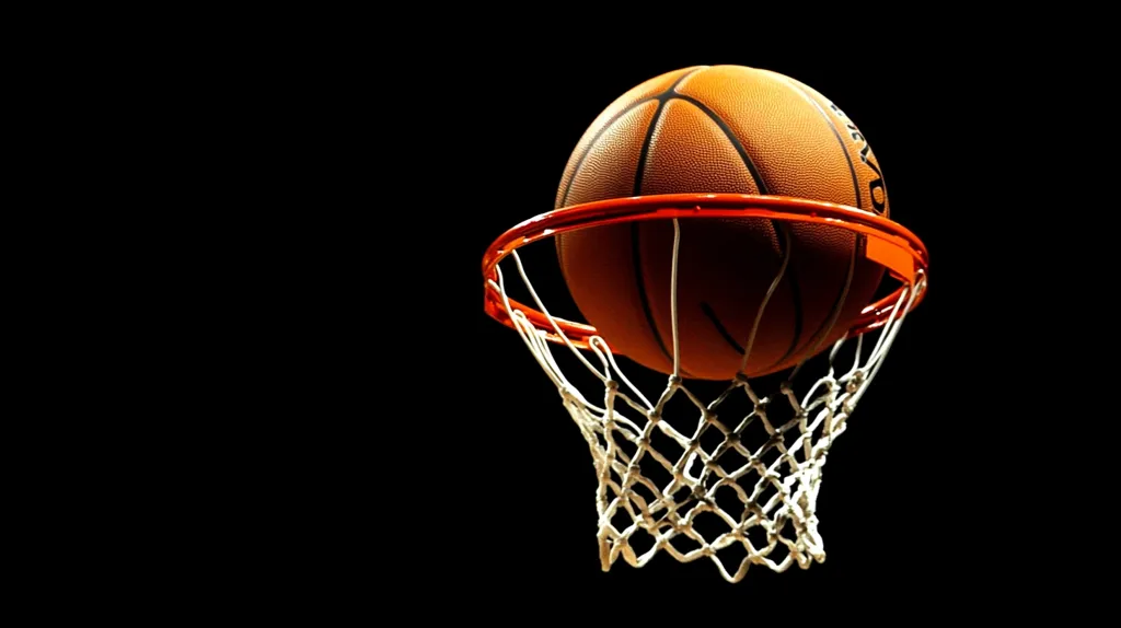 A basketball is shown going through a hoop, the orange ball is in the net, the rim is red, and the net is white. The background is black. The image is a close-up of the hoop and ball.
