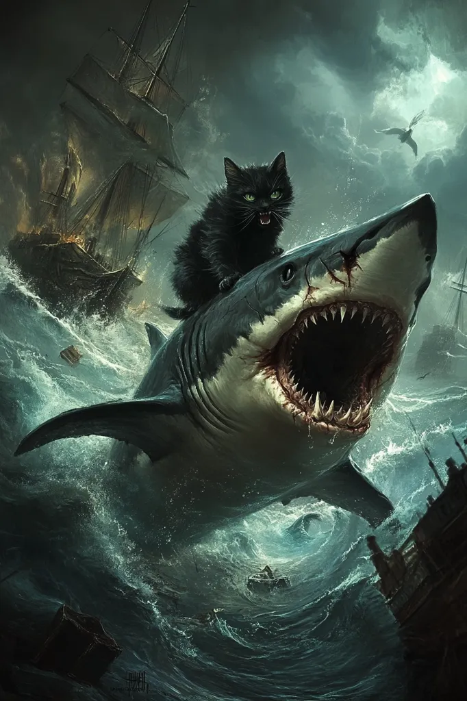 A large great white shark with its mouth open in a menacing growl emerges from the stormy ocean. A black cat sits on top of the shark, its green eyes gleaming. A wooden ship, its sails ripped and tattered, rests in the churning waves in the background. The scene is dramatic and surreal, highlighting the unexpected partnership between predator and feline.