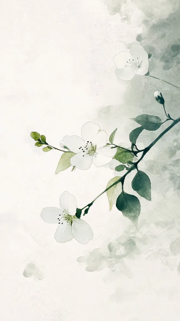 The image is a watercolor painting of a delicate branch of cherry blossoms.  The flowers are white with subtle hints of pink, and the leaves are a soft green.  The background is a light gray, suggesting a soft, misty atmosphere.  The composition is simple, yet elegant.  The painting is done in a style that evokes a sense of peace and tranquility.