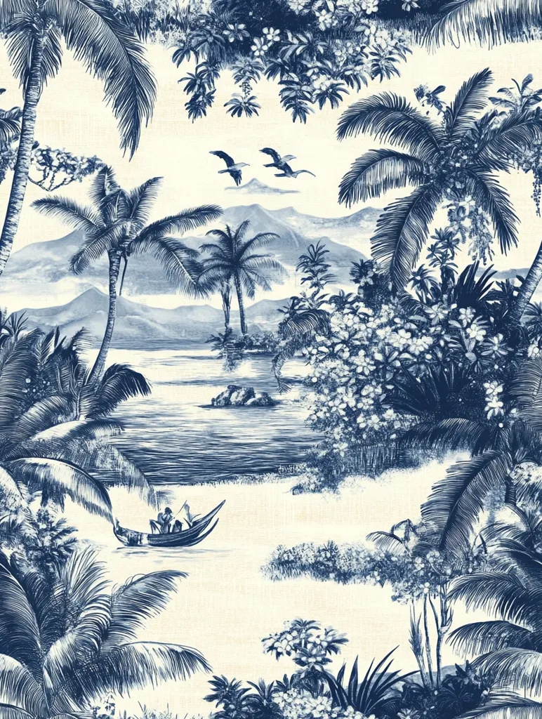 The image is a blue and white illustration of a tropical island scene. Palm trees line the sandy beach, with lush foliage surrounding the shore. Two birds fly overhead, and in the distance, a small boat with two figures rows towards the shore. The scene is painted in shades of blue, creating a serene and peaceful atmosphere.