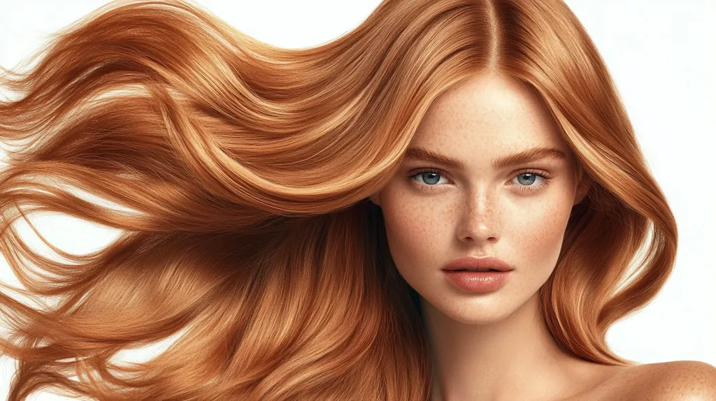 The image showcases a woman with long, flowing auburn hair. The hair is styled in loose waves and is parted on the side. The woman has a neutral expression on her face, with her blue eyes looking directly at the camera. The image is well-lit and the woman's skin appears flawless. The background is a simple white, allowing the focus to be on the woman's hair and face. The image is likely intended to promote a hair care product or service, showcasing the beauty and health of the woman's hair.