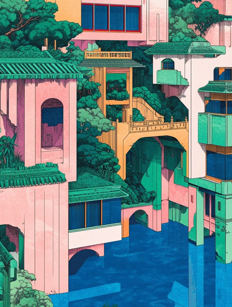 The image depicts a surreal, vibrant city with buildings that seem to float on a body of blue water. The buildings are constructed with a mix of traditional Japanese architecture and modern design elements. Lush greenery and trees grow between the buildings, creating a sense of harmony between nature and urban spaces. The colors are saturated, with pink, green, and blue dominating the scene, giving the image a whimsical and almost dreamlike atmosphere.