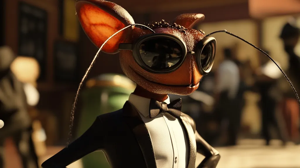 A cartoon insect, wearing a tuxedo, goggles, and a bow tie, stands in the foreground of the image. The insect's large, brown eyes and the glint in its goggles suggest a mischievous or curious personality. The background is blurred, with other figures and buildings visible. The overall impression is of a stylish and humorous character.