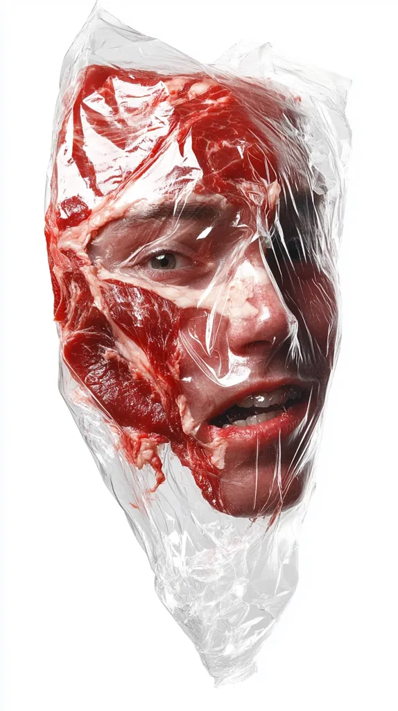 A person's face is covered with raw meat. The meat is wrapped in clear plastic, creating a disturbing and surreal image. The person's eyes and mouth are visible, but the rest of the face is obscured by the meat. The image is likely intended to be shocking and disturbing, and it raises questions about the nature of identity and the human body. The image is shot against a white background, which highlights the stark contrast between the flesh and the plastic.  The overall effect is unsettling and disturbing.
