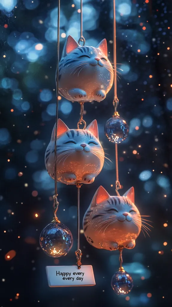 Three cute cartoon cats hang from strings in a whimsical setting. They are suspended in front of a dark blue background with sparkling lights.  The cats are white with black stripes and have closed eyes, looking peaceful. A small sign hangs from the bottom says "Happy every every day".  The image creates a warm and inviting atmosphere.