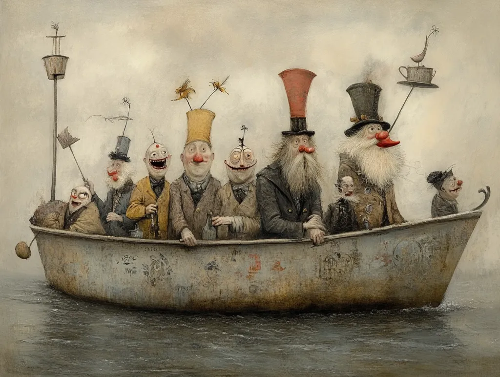 A group of whimsical, anthropomorphic characters with exaggerated features, wearing hats and coats, are crammed into a small, weathered boat. They seem to be on a journey, with a bird perched on a teacup on a stick serving as a makeshift mast. The scene is rendered in a style that combines realism with fantastical elements, creating a sense of whimsy and mystery. The boat is adorned with strange symbols and markings, hinting at a hidden story and a world beyond the ordinary.