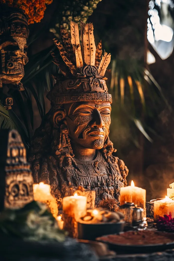 The image showcases a wooden sculpture of a warrior wearing a feathered headdress, intricately carved with detailed features. The sculpture is positioned in a dimly lit setting, illuminated by candlelight.  The warrior's face is stoic, conveying a sense of power and strength. The surrounding candles cast warm, flickering shadows, enhancing the mystical and ancient atmosphere. The background is a blur of green foliage, suggesting a jungle or forest environment.