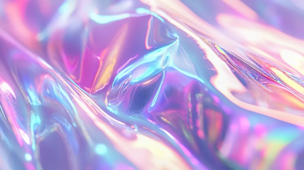 The image shows a close-up of iridescent, holographic material. It has a flowing, wavy texture and shimmers with a rainbow of colors, primarily shades of pink, purple, and blue. The light reflects off the surface, creating an abstract and captivating pattern. The material appears to be thin and somewhat translucent, with the light shining through in places. It gives off a feeling of both ethereal beauty and futuristic style.