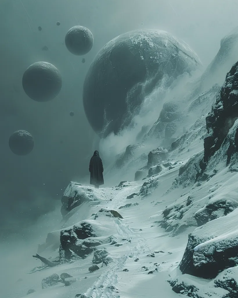 A lone figure in a black cloak stands on a snow-covered mountain path, gazing upwards at a massive, dark grey planet hovering over the horizon. The planet is partially obscured by fog, adding to the mysterious and ethereal atmosphere. Several smaller, spherical objects float in the distance, adding to the surreal and dreamlike quality of the scene.  The image evokes a sense of isolation and awe, as if the figure is the only witness to this cosmic spectacle.