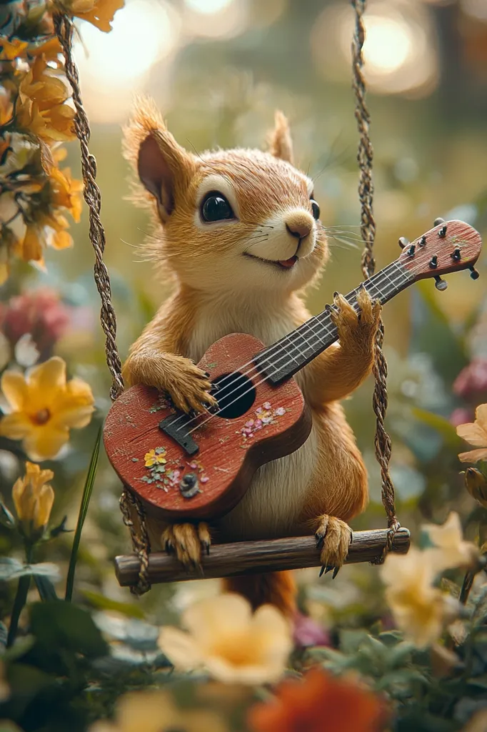 A cute, cartoon-like squirrel sits on a swing holding a small guitar. He smiles, looking up at the camera, as if he's about to play a song.  The scene is a vibrant, green forest with soft, out-of-focus yellow flowers.  The squirrel is sitting in a patch of sunlight.
