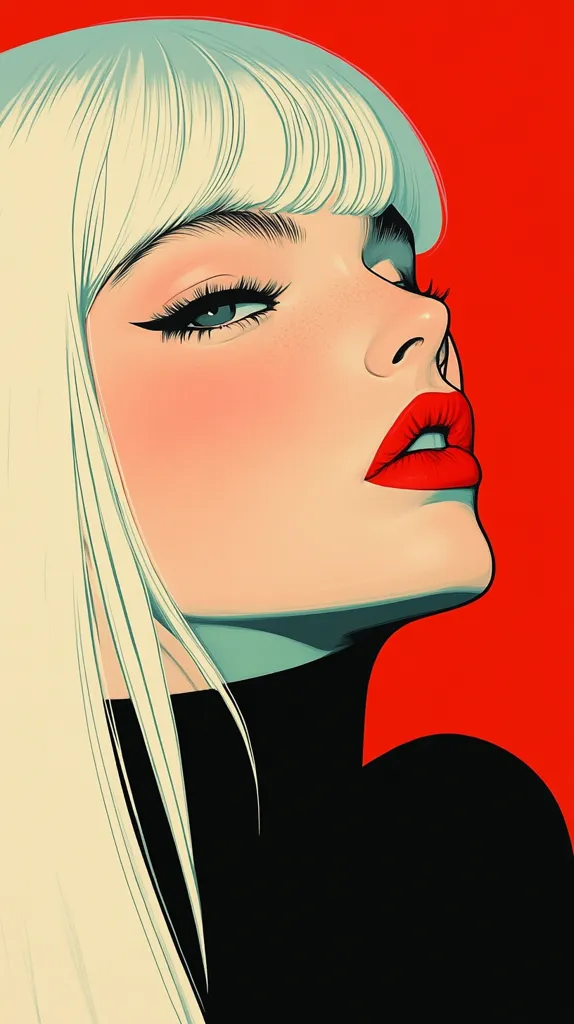 The image is a digital illustration of a woman with long platinum blonde hair.  She is wearing a black turtleneck and has a red background.  Her hair is styled with a straight fringe across her forehead and she has a bold red lipstick.  Her eyes are wide open and have long eyelashes.  She is looking up and to the right of the image.  The overall style is minimalist and bold.