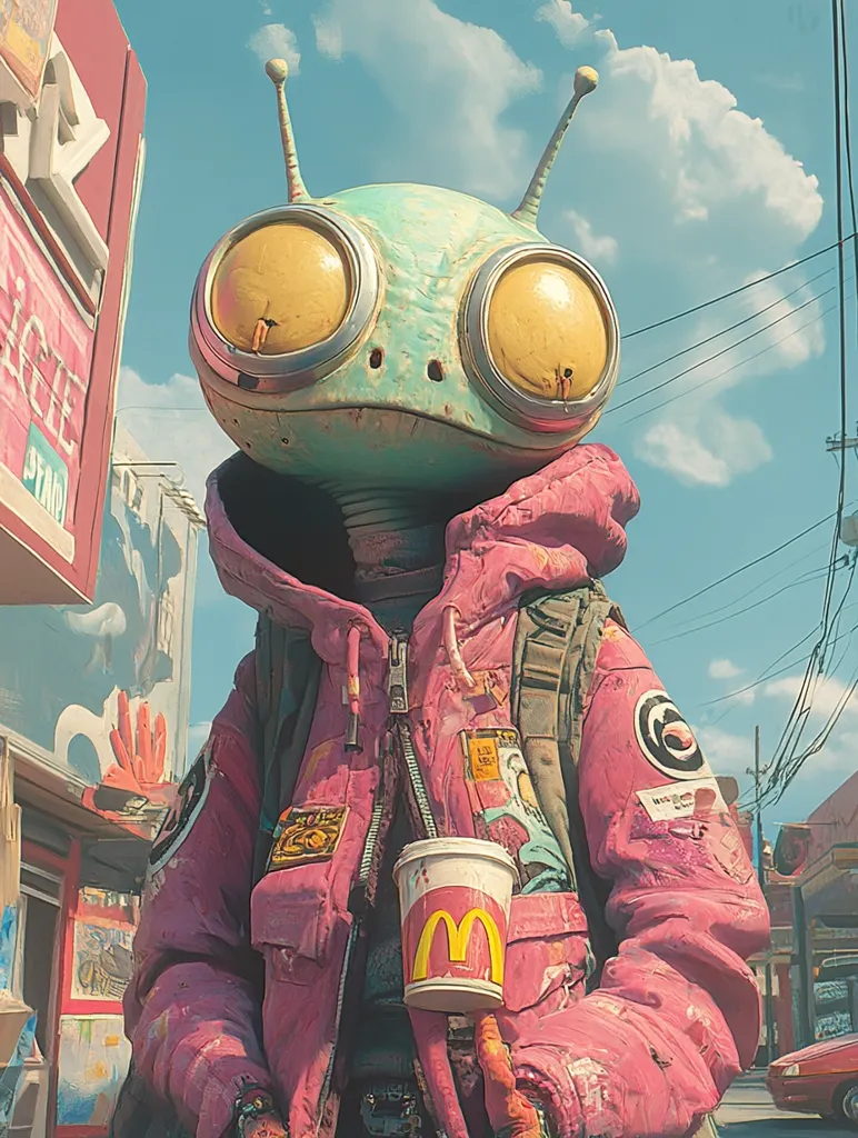 An alien with large, round eyes and a green, textured skin is wearing a bright pink jacket. The jacket is heavily patched with various designs and logos. The alien is holding a red cup with a yellow "M" logo. They are standing in front of a street with a sign that says "Stand".  The image is set against a blue sky with white clouds.  The entire scene has a futuristic aesthetic.