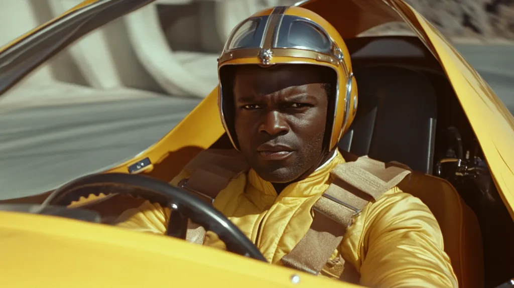 A man with dark skin wearing a yellow racing suit and a helmet sits in the driver's seat of a bright yellow race car. The man's face is serious and focused as he looks straight ahead. The yellow car is a futuristic design with a large, open canopy. The blurry background suggests the man is driving fast.