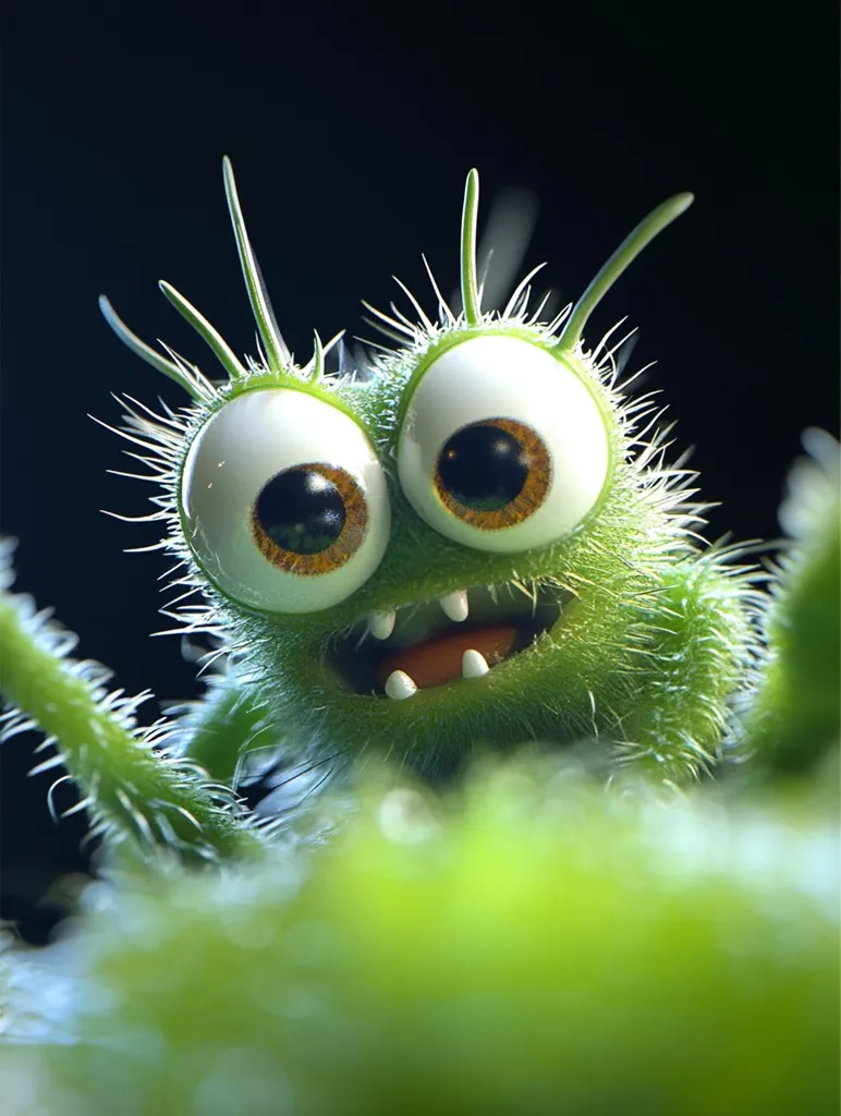 A fuzzy green creature with large, round eyes and a wide, toothy grin stares up at the camera. Its body is covered in tiny hairs, and it appears to be made of some kind of plant matter. The creature is looking directly at the viewer, and its expression is one of playful curiosity.  The background is a blurry dark green, creating a sense of depth. The image is playful and lighthearted, evoking a sense of wonder and curiosity.