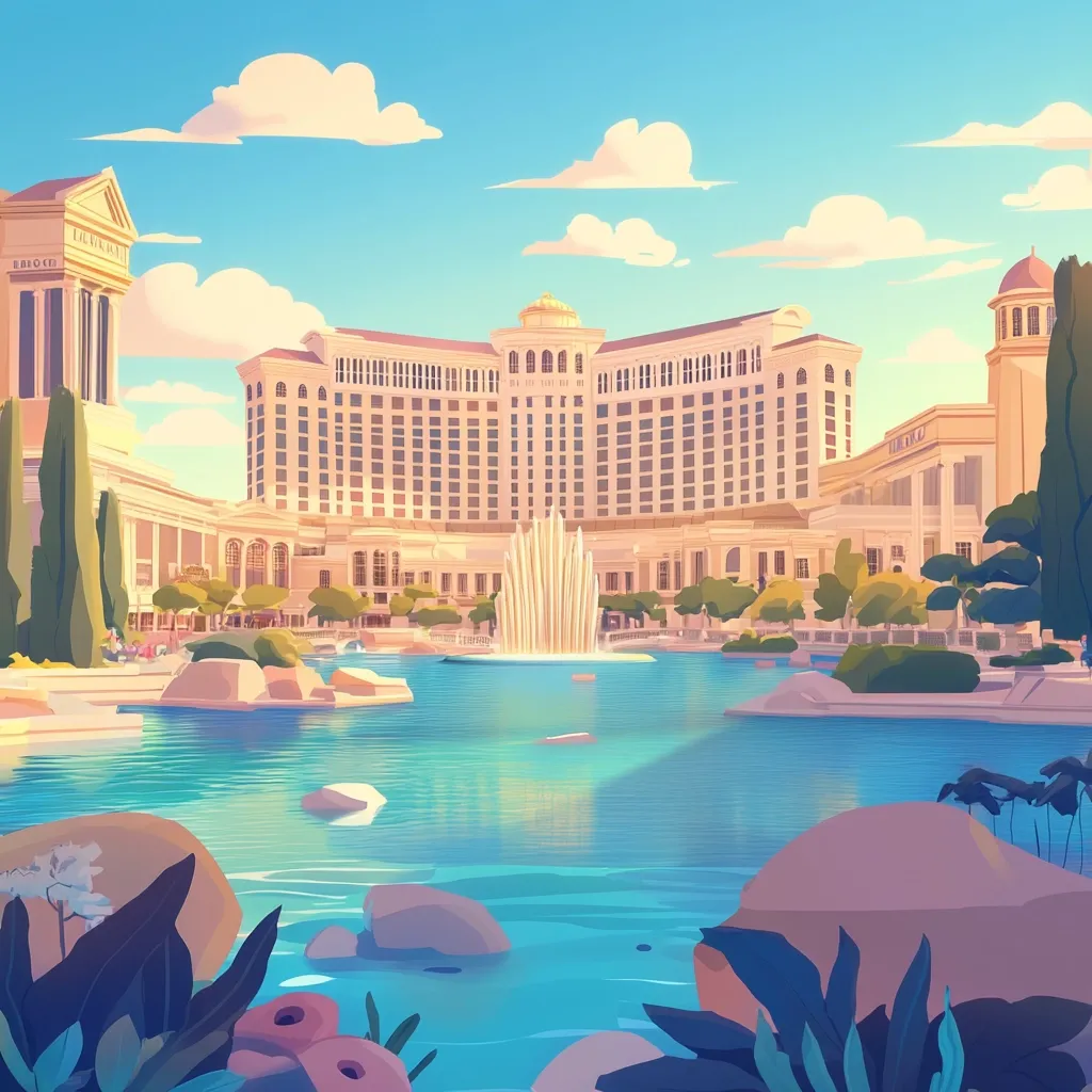 The image depicts a grand resort complex with a large fountain in the center. The resort is adorned with lush greenery and features a beautiful, blue reflecting pool. The buildings are in a classical style, with columns and intricate details. The sky is bright blue with fluffy white clouds. The scene evokes a sense of tranquility and luxury.