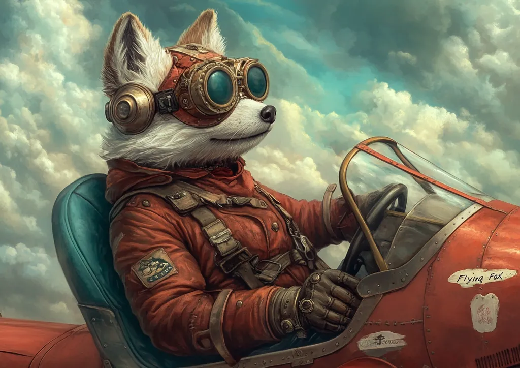 A fox wearing goggles and a red leather jacket is piloting a red biplane with the words "Flying Fox" on the side. The fox is sitting in the cockpit, with its hands on the controls. The background is a cloudy sky. The image has a vintage, almost steampunk aesthetic.