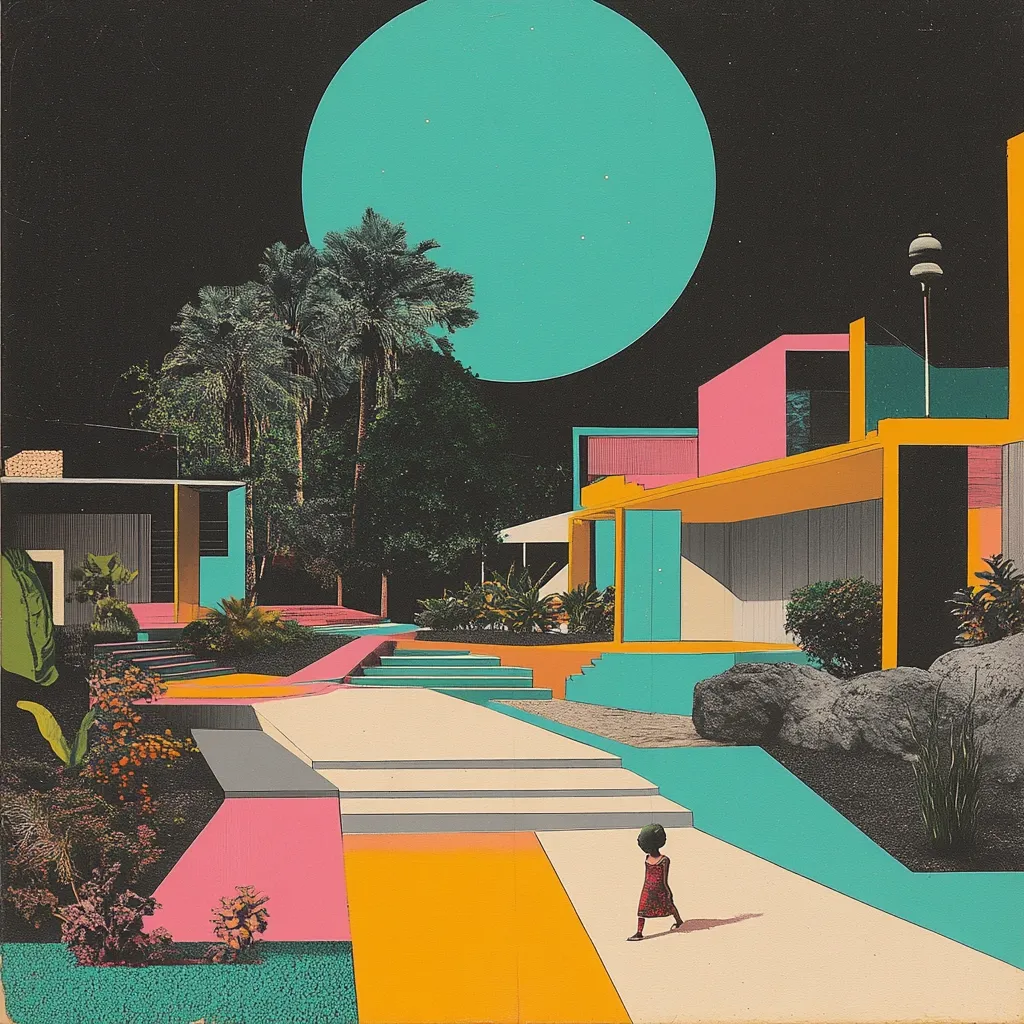 A surreal landscape with a large teal moon hanging in the night sky. A lone figure walks down a pathway lined with colorful, geometric structures, palm trees, and rocks. The scene has a dreamlike quality, with a blend of natural and artificial elements. The artist's use of bold colors and sharp lines creates a striking visual impact.