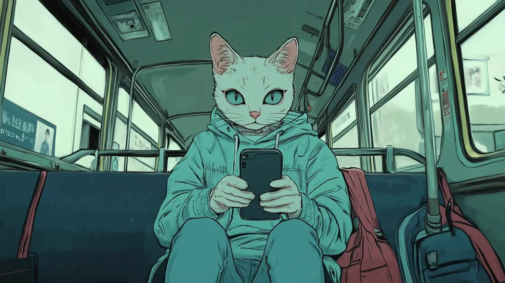 A white cat with piercing blue eyes sits on a bus, wearing a teal hoodie and jeans, looking at a smartphone in their hands. The bus has large windows that reveal the city outside, and the cat is seated next to a red backpack and a blue bag. The interior of the bus is green and blue.  The image has a comic-book style.