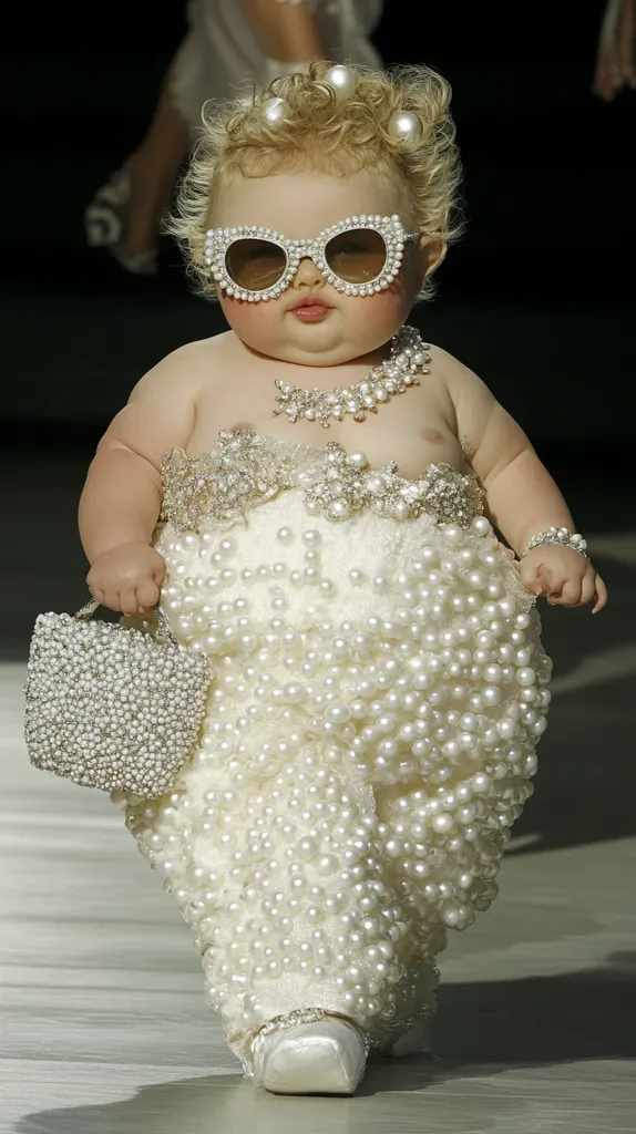 A young girl walks down a runway in a pearl-encrusted dress. She wears large sunglasses and a pearl necklace, adding to her already extravagant attire. Her dress is voluminous, crafted entirely from pearls, giving the impression of a delicate, yet sophisticated  look.