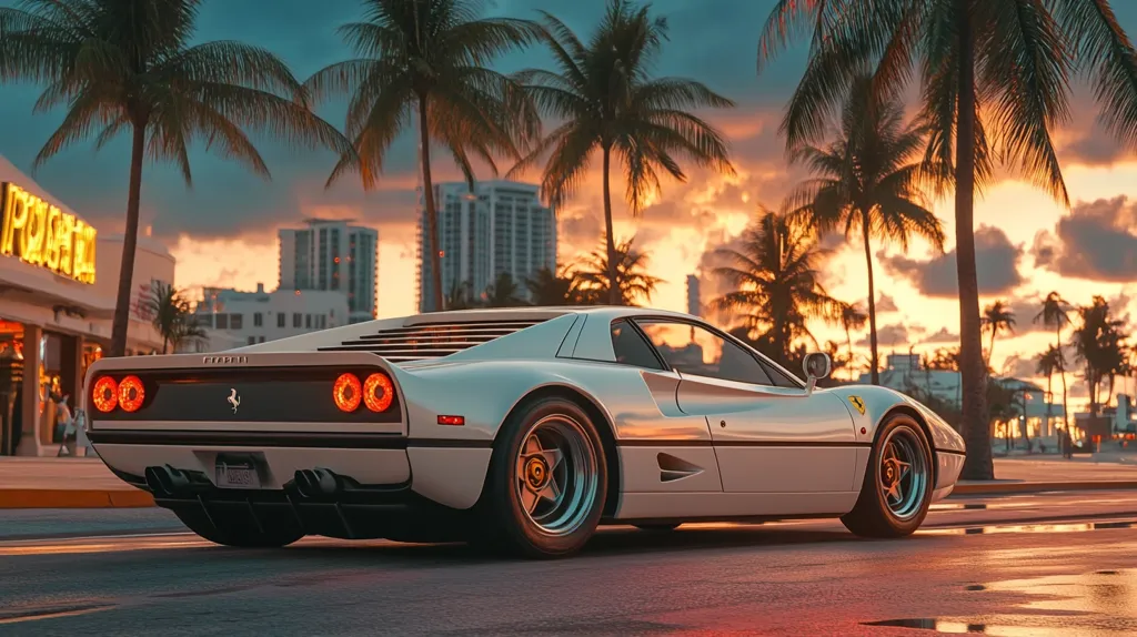 A white Ferrari sports car is parked on a city street at sunset. The car is facing away from the camera, with its taillights lit. Tall palm trees line the street, and the buildings in the background are silhouetted against the orange sky. The scene is bathed in a warm, golden light. The image evokes a sense of luxury and relaxation.