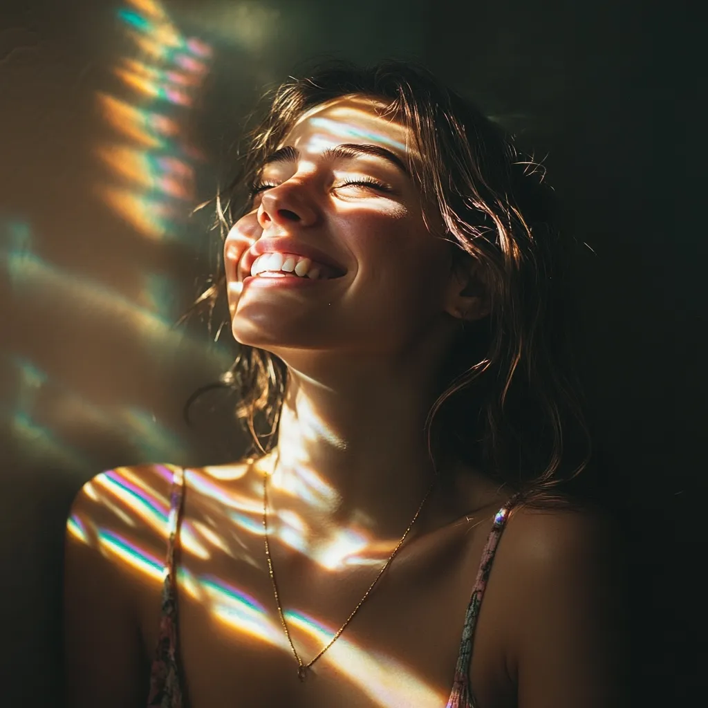 A young woman with long brown hair is looking up and smiling. The light from a window behind her casts a colorful rainbow pattern across her face and body. She is wearing a thin gold necklace and a floral patterned tank top. The photo is bright and warm, capturing a moment of joy.