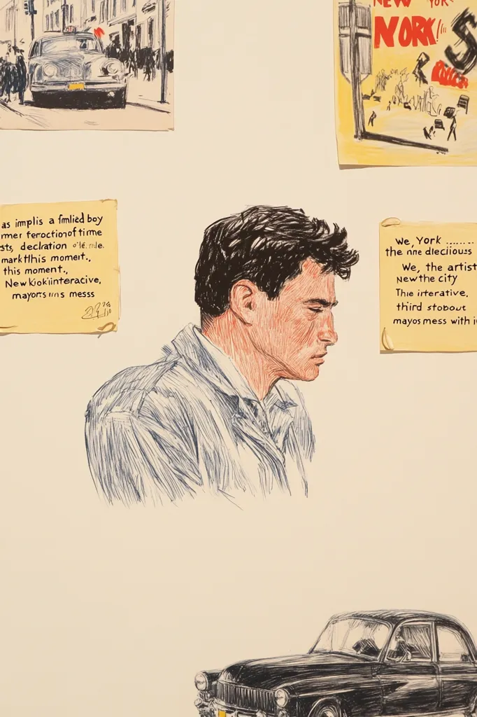 The image is a hand-drawn illustration with three distinct sections. The top left section shows a vintage car driving down a city street. The bottom left section features a man with dark hair, a blue shirt, and a thoughtful expression, accompanied by a handwritten text about \