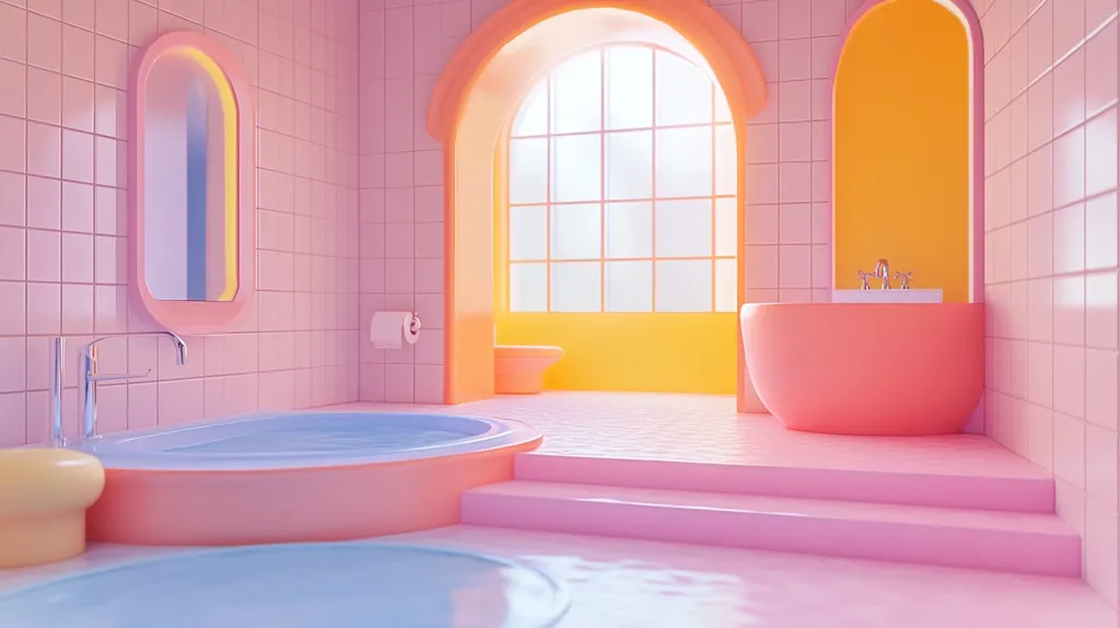 A modern bathroom with pink and yellow color scheme. It features a large, rounded bathtub with blue water, a separate toilet, and a large window. The room is tiled with square tiles, creating a clean and minimalistic look. The light shines through the window, casting a warm glow on the bathroom. The room is stylish and inviting, perfect for relaxation and rejuvenation.