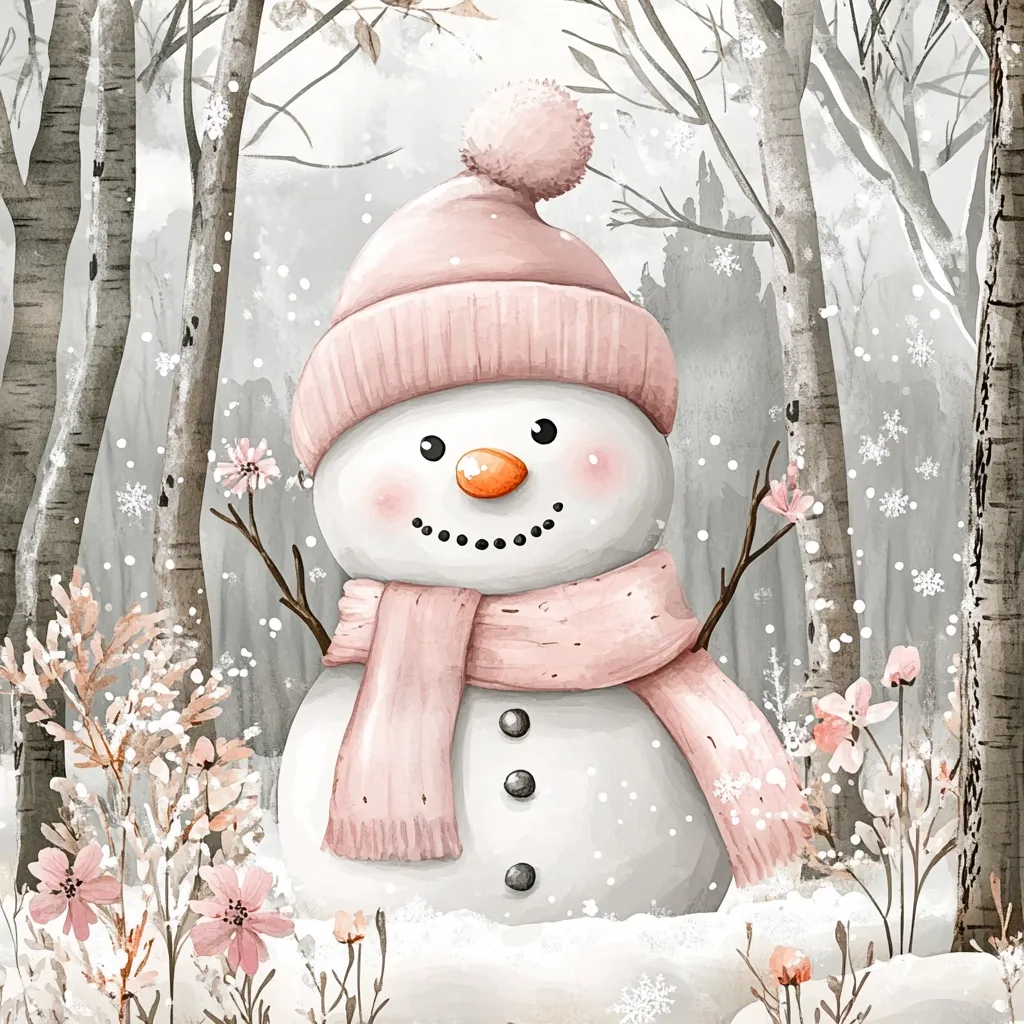 A cheerful snowman with a pink hat and scarf stands in a snowy forest. The snowman has a friendly smile, three black buttons, and an orange carrot nose. Delicate pink flowers and snowy branches frame the snowman, creating a whimsical winter scene. The soft watercolor style gives the image a gentle and charming feel.