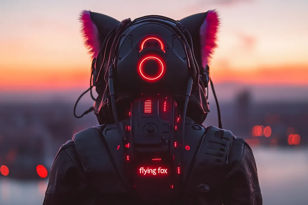 The image shows a person wearing a futuristic, black suit with red glowing lights. The suit has two pink furry cat ears attached to the back of the head. The person stands facing away from the camera with a blurred cityscape and a colorful sunset in the background. The word "flying fox" is written on the back of the suit.  The image gives a cyberpunk and futuristic feel.
