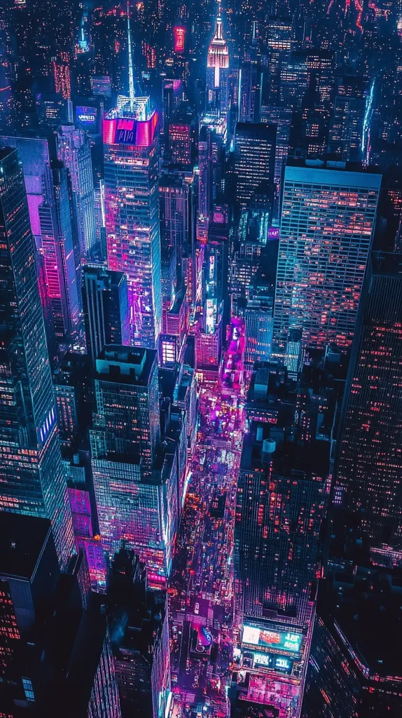 A vibrant, neon-lit cityscape is seen from above, showcasing a dense grid of skyscrapers and illuminated streets. The urban landscape is awash in a spectrum of blue and pink hues, casting a futuristic and ethereal glow.  The image captures the bustling energy of a modern metropolis, with buildings reaching towards the sky, their windows blazing with light.  The city's intricate network of streets and avenues is visible, creating a mesmerizing geometric pattern.  The overall effect is one of dynamism, vibrancy, and a sense of infinite possibilities.
