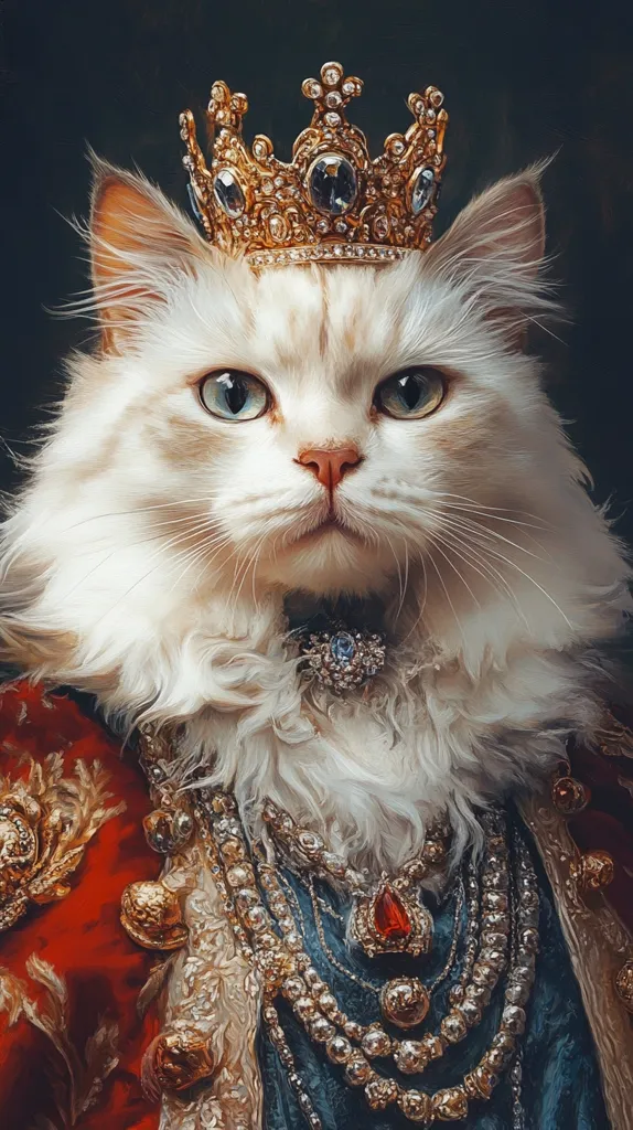A white cat with piercing blue eyes stares directly at the viewer. It is adorned with a golden crown, a jeweled collar, and multiple necklaces made of pearls and gold. It wears a regal red and gold robe, making it appear like a majestic monarch.  The cat's expression is both serious and regal, suggesting a powerful ruler. The background is dark and blurred, highlighting the cat's magnificent attire and adding a touch of mystery.  The image blends elements of fantasy and realism, creating a captivating and whimsical portrait.